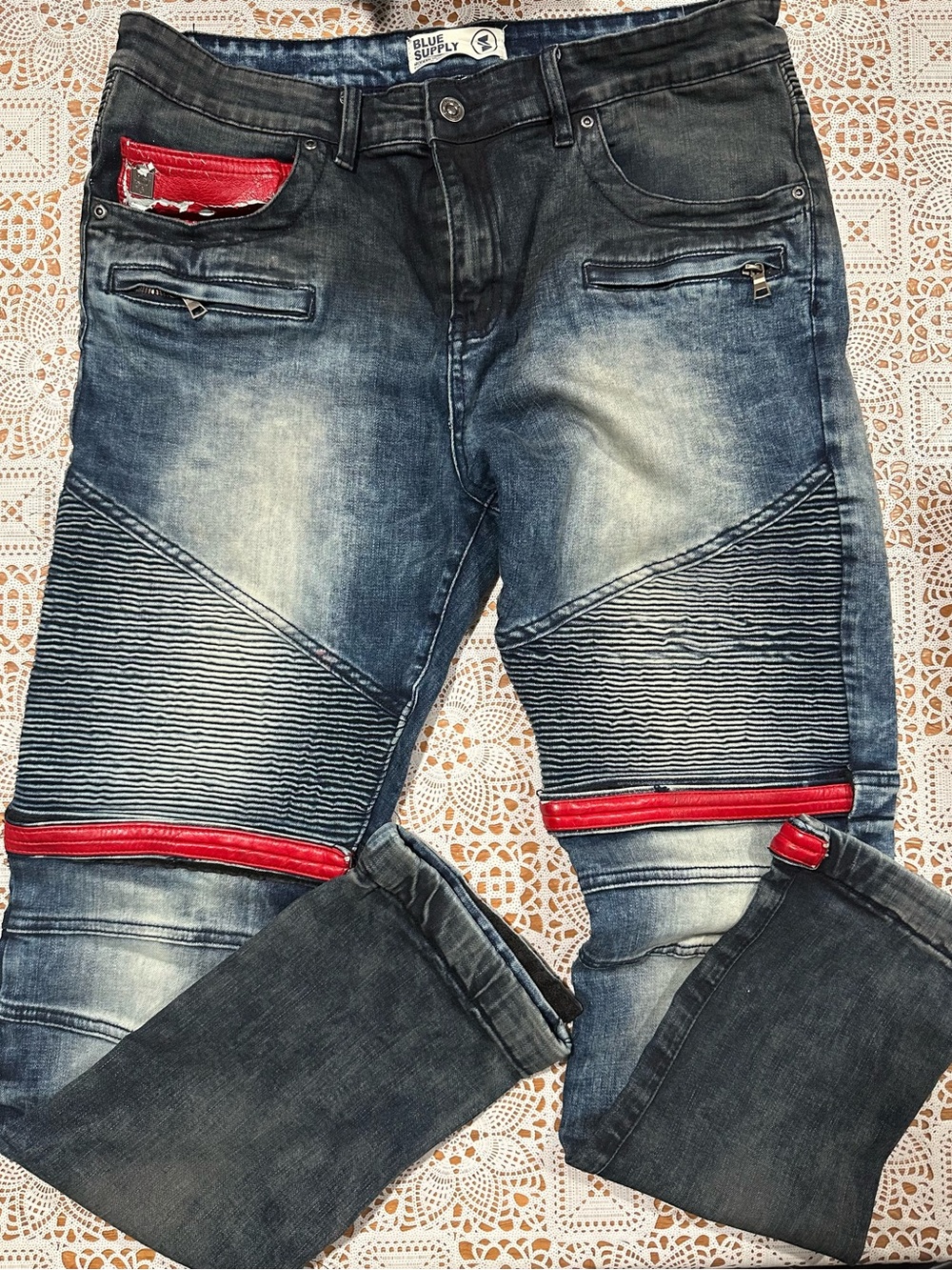 Blue Supply Moto Jeans Red Faux Leather Trim Biker Slim 36